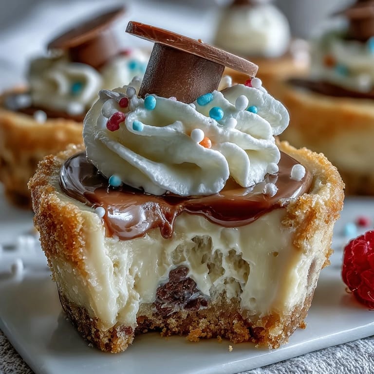 Miniature cheesecakes baked to perfection, topped with whipped cream and colorful sprinkles for a festive graduation dessert.  