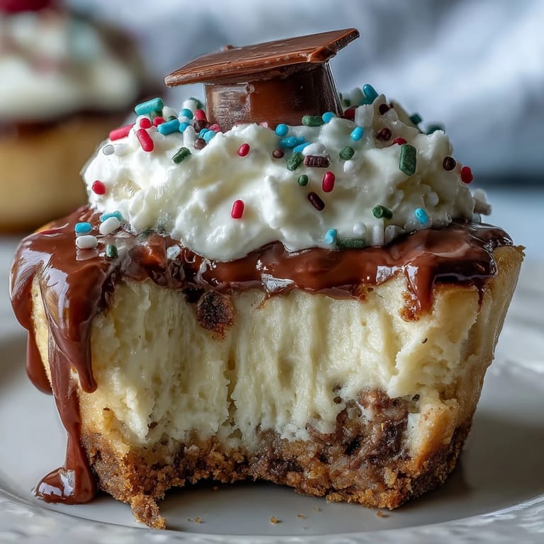 Bite-sized cheesecake treats with smooth vanilla filling and optional graduation cap decorations, ideal for sharing at any party.