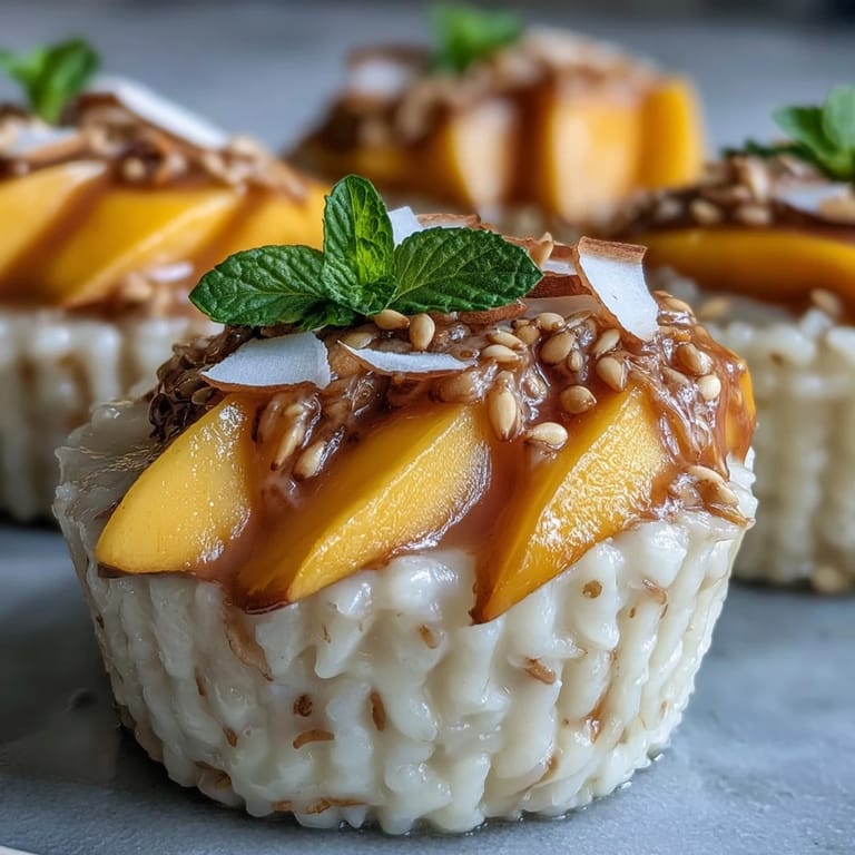 Individually portioned Thai mango sticky rice cups topped with toasted sesame seeds and ripe mango for a vibrant presentation.  