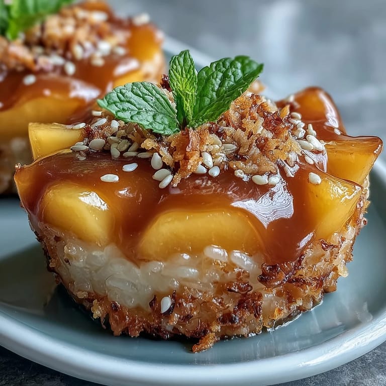 Coconut-infused sticky rice cups layered with juicy mango and garnished with mint leaves, a delightful Thai-inspired treat.