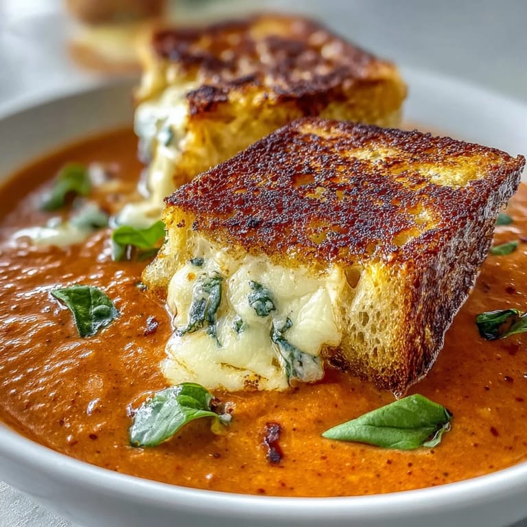 Rich tomato basil soup served hot with crispy grilled cheese croutons floating on top, perfect for dipping.