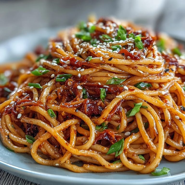Spicy Korean-inspired gochujang butter pasta served hot, featuring glossy sauce clinging to perfectly cooked spaghetti.  