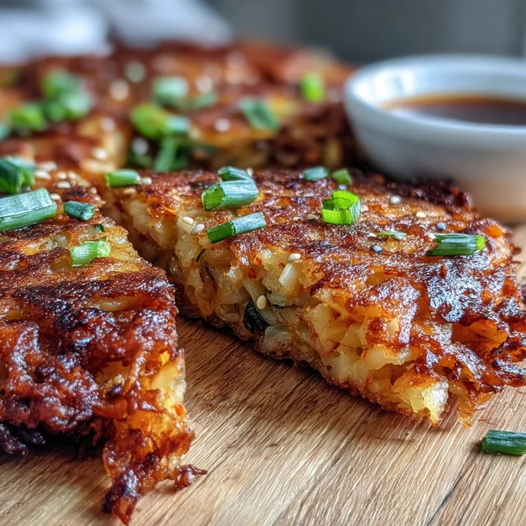 Crispy, savory cabbage kimchi pancakes served hot with a glossy sesame-soy dipping sauce for a flavorful Korean appetizer.