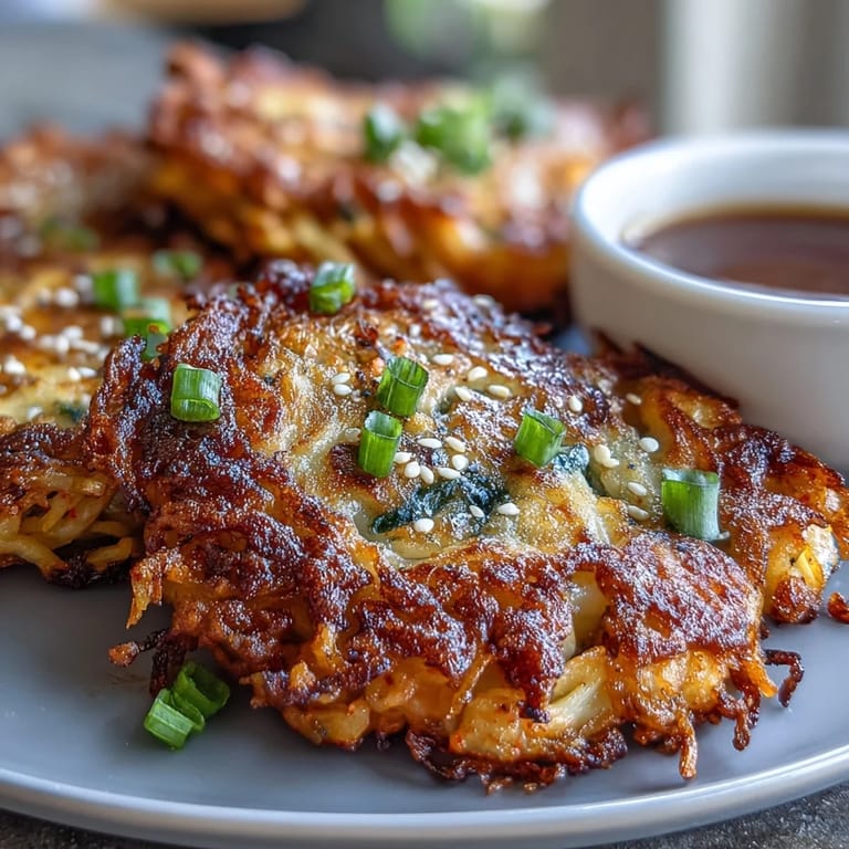 Savory Korean-style kimchi pancakes with crunchy cabbage, golden brown edges, and a side of spicy soy dipping sauce.  