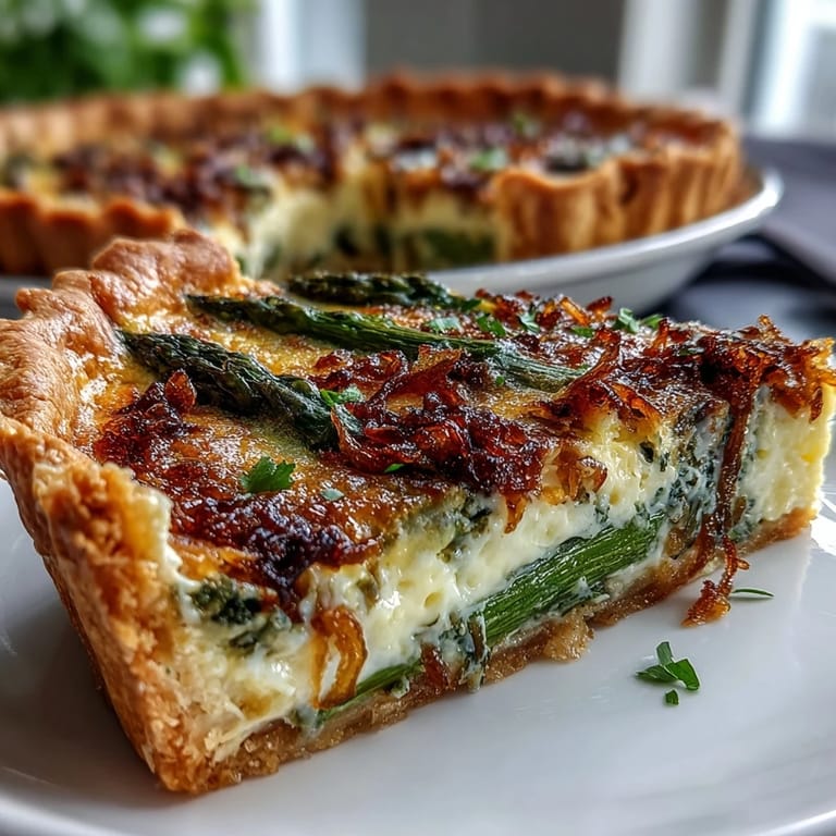 Elegant Spring Asparagus Quiche featuring buttery pastry, creamy egg filling, and fresh seasonal asparagus baked until golden and set.