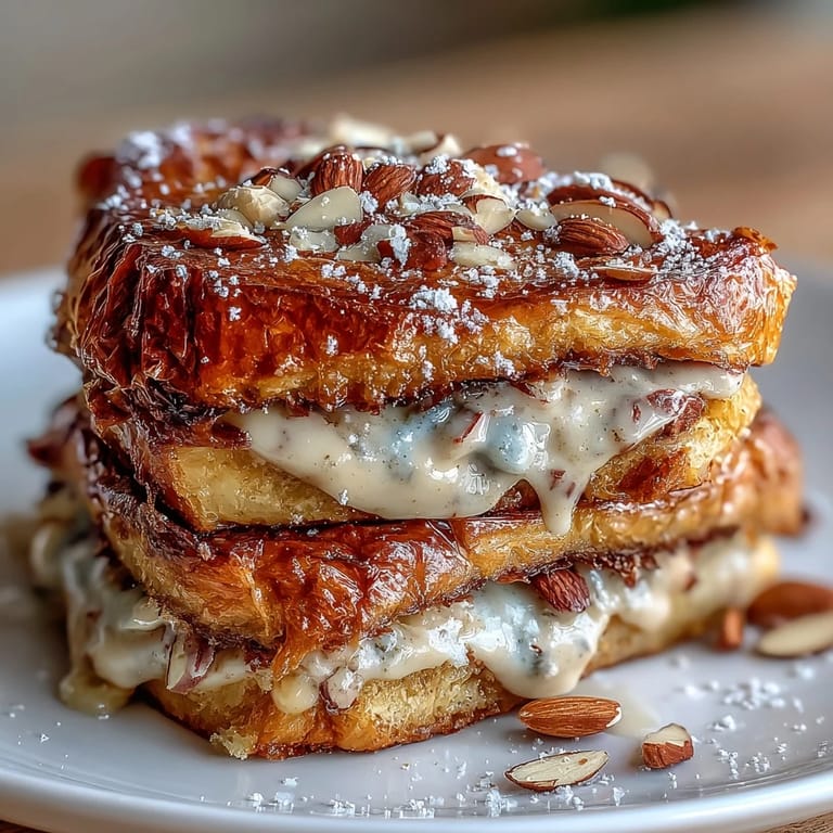 Decadent almond croissant French toast featuring brioche soaked in luscious almond cream and pan-fried until golden.