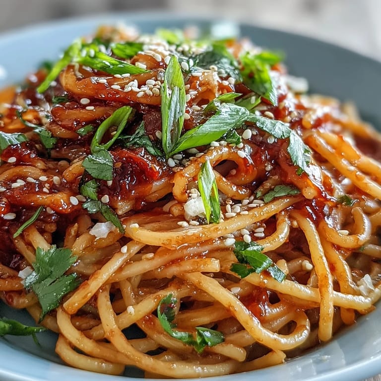 Vibrant gochujang butter pasta with sweet heat and savory umami, topped with fresh spring onion and toasted sesame seeds.