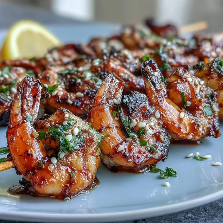 Flavorful honey garlic shrimp skewers, a quick and easy weeknight main dish.