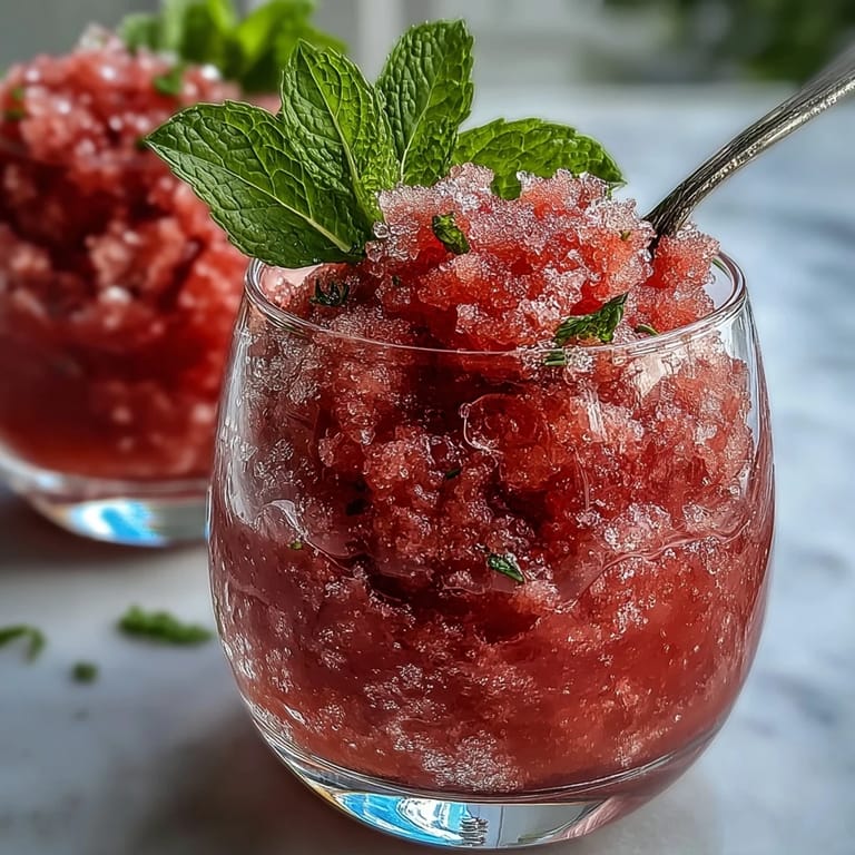 Juicy, slushy Watermelon Mint Frosé garnished with fresh mint leaves, ready to enjoy.