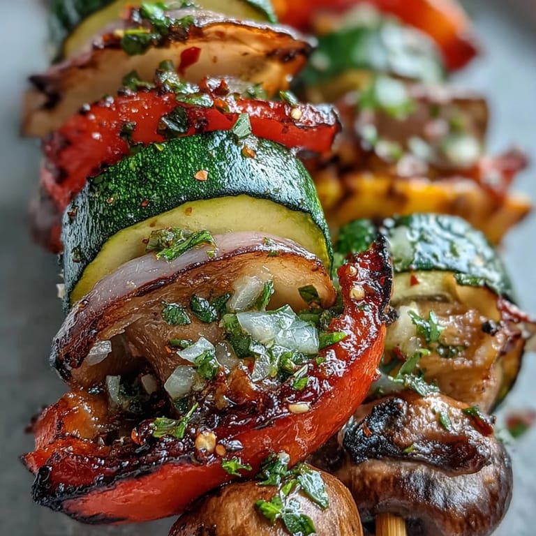 Eye-catching veggie kabobs fresh off the grill, perfect with chimichurri.