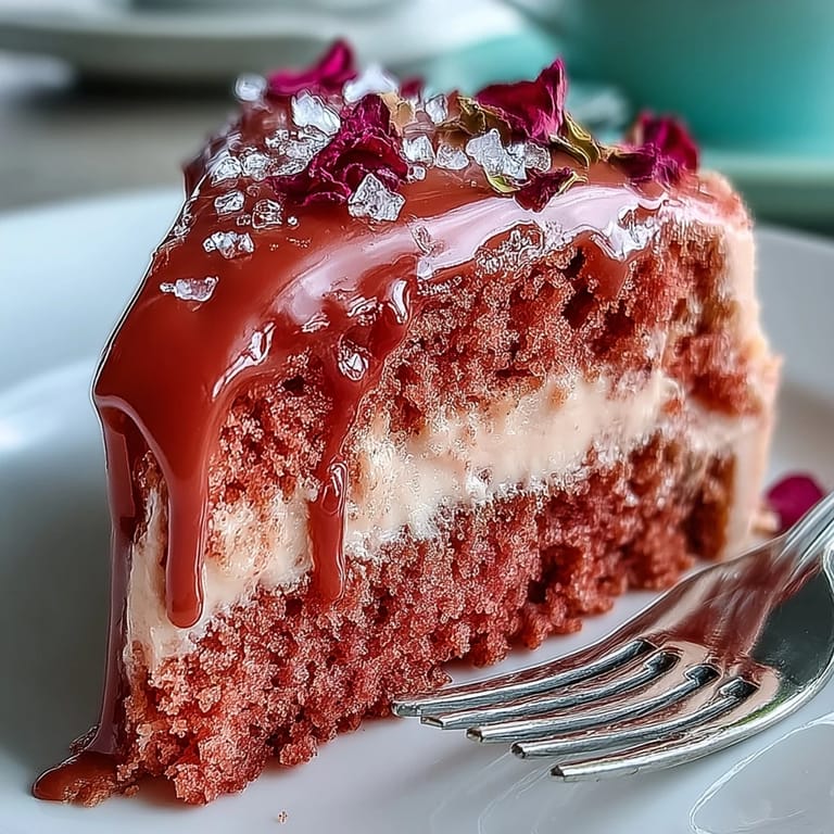 Beautiful pink Bridal Shower Rosé Velvet Cake featuring a luxurious gold drizzle.