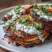 Golden roasted cabbage steaks glistening with creamy tahini drizzle, a delicious vegan main.