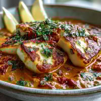 Creamy Halloumi and Tomato Curry features golden, pan-fried halloumi cubes swimming in a silky, vibrant red coconut-tomato sauce.
