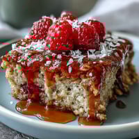 Golden squares of Baked Oatmeal with Raspberry and Coconut cooling on a rustic wooden board.