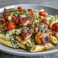 Bright cherry tomatoes soften around golden-seared chicken and al dente penne, tossed with fresh basil, mozzarella, and balsamic in this Bruschetta Chicken Pasta.