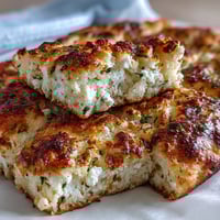 Golden-brown Fluffy Cottage Cheese Flatbread fresh from the skillet, topped with fresh herbs and ready to be served warm.