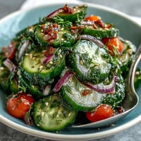 Bright, chilled Refreshing Crunchy Cucumber Salad with thin slices and fresh dill on a white plate.