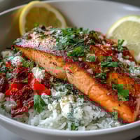 Golden-brown crispy rice topped with flaky pan-seared Mediterranean Salmon Bowl, fresh cilantro, and sun-dried tomatoes.