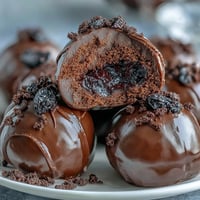 Glossy Black Currant Chocolate Truffles topped with crushed freeze-dried fruit and cocoa powder on a marble board.