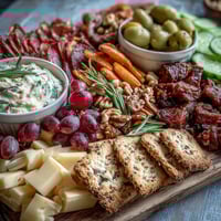 Housewarming Party Charcuterie Board with Dips and Crackers featuring a colorful spread of cured meats, cheeses, fresh fruits, and assorted crackers for easy entertaining.