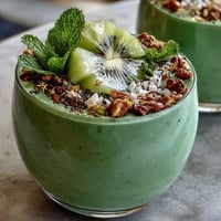 Creamy green protein smoothie bowl topped with kiwi shamrock design, granola, chia, and pumpkin seeds for a festive St. Patrick's Day treat.