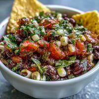 Creamy 3-Ingredient Cowboy Caviar Dip with black beans, corn, and pico de gallo, served with crispy tortilla chips.  