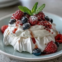 Elegant pavlova with fresh berries and cream, crisp meringue shell topped with fluffy whipped cream and vibrant mixed berries.