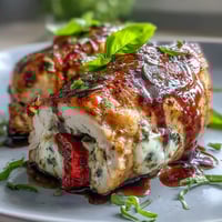 Caprese Stuffed Chicken Breast with melted mozzarella, ripe tomatoes, and fresh basil, baked golden and drizzled with balsamic glaze.