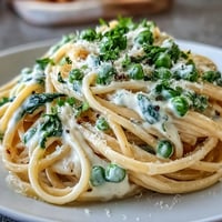 Creamy lemon pasta with peas and spinach, a bright spring dish perfect for weeknight dinners.  