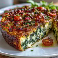 One-Pan Ham and Swiss Frittata with golden edges and melted Swiss cheese, loaded with diced ham and fresh vegetables.  