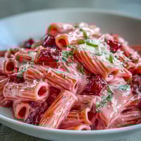 Creamy pink sauce pasta with rich tomato and parmesan, served in a rustic bowl with fresh basil garnish.  
