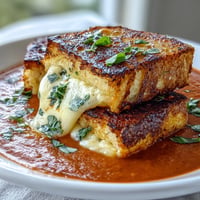 Creamy tomato basil soup with grilled cheese croutons in a white bowl, garnished with fresh basil leaves.  