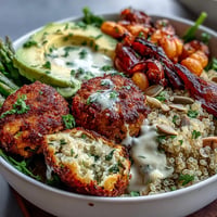 Vibrant spring Buddha bowl with roasted vegetables, crispy falafel, and zesty lemon-tahini dressing in a colorful, healthy bowl.