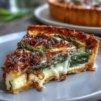 Spring Asparagus Quiche with Gruyère cheese, caramelized shallots, and tender asparagus in a golden, flaky crust, perfect for brunch.