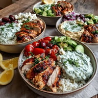 Flavorful Greek Chicken Bowls with creamy tzatziki and hummus, ready to enjoy.