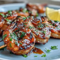 Grilled honey garlic shrimp skewers glistening with sweet glaze, ready to serve.